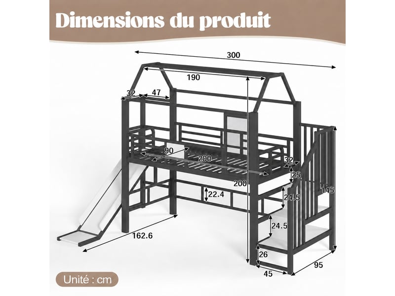 Lit mezzanine 90x200cm avec toboggan et échelle,cabane,design clôture,certifié en747-1,noir  - Conforama C