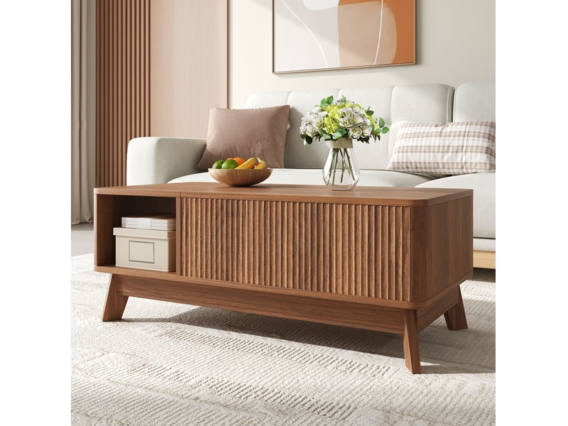  Table basse relevable ulevr avec rangement, 95 x 48 x 50 cm, mdf couleur noyer, façade effet vagues 3d  - Conforama D