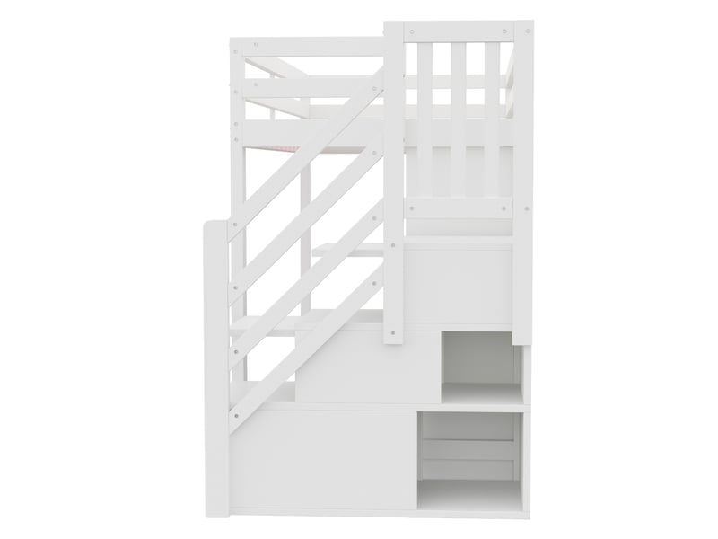  Lit mezzanine 90x200 blanc avec armoire intégrée, escalier avec rangement et éclairage led, cadre en bois robuste pour enfant.  - Conforama D