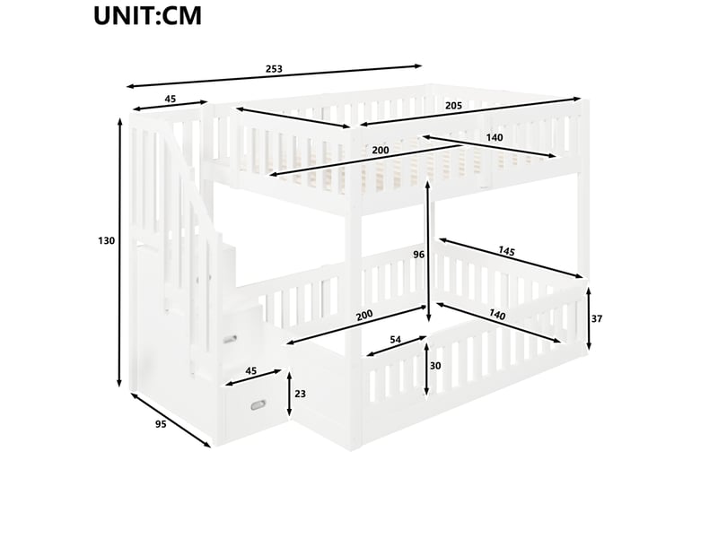  Lit superposé bas 2x140x200 cm, escalier rangement, barrières, pin mdf, blanc, sans matelas  - Conforama C
