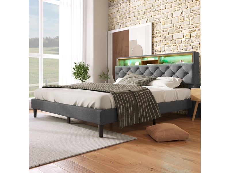  Modenvie lit avec tete de lit de rangement 140x200 cm - led, sommier en bois massif - gris  - Conforama D