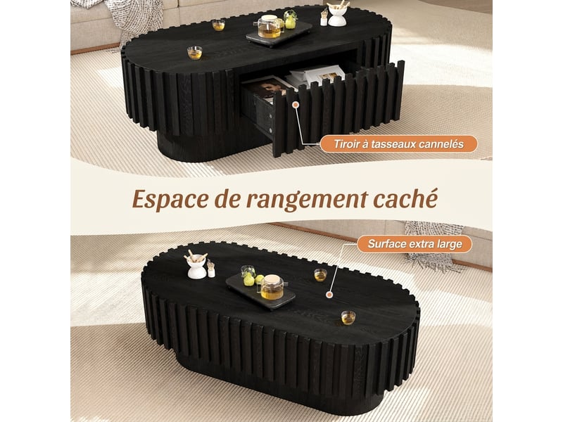  Table basse ovale noire avec tiroir 100x50 cm - lattes verticales mdf  - Conforama E