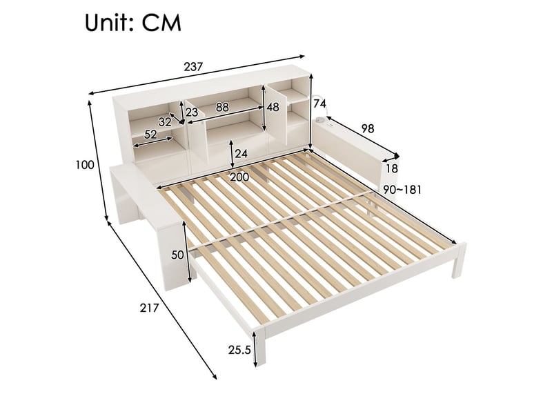  Lit gigogne 90 x 200 cm rangement lit de jour bois portes doubles ports usb et usb-c blanc  - Conforama C