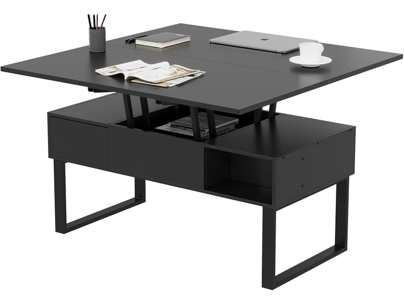  Table basse réglable en hauteur, table de salon multifonctionnelle 3 en 1 avec 2 tiroirs et rangement dissimulé (noir)  - Conforama A