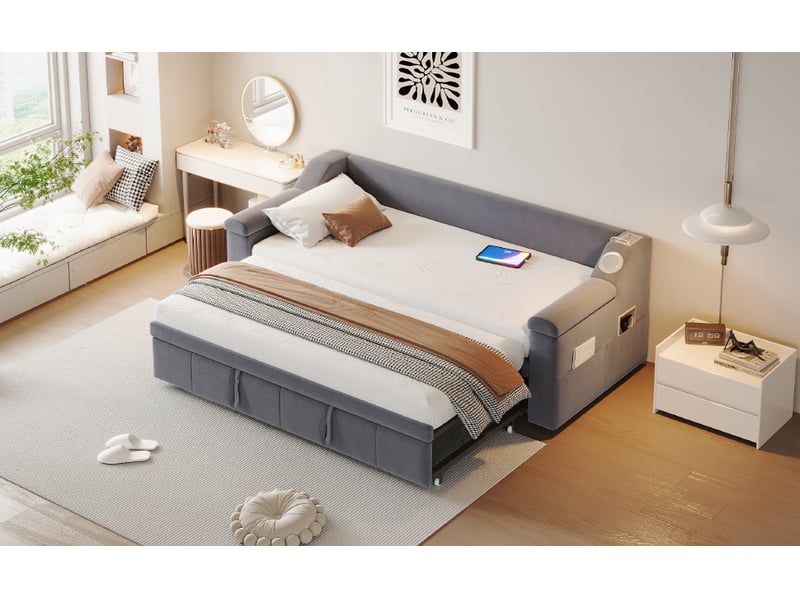  Canapé-lit 90x190 cm avec chaîne stéréo bluetooth intelligente et usb, lit gigogne avec sommier à lattes, velours, gris  - Conforama W