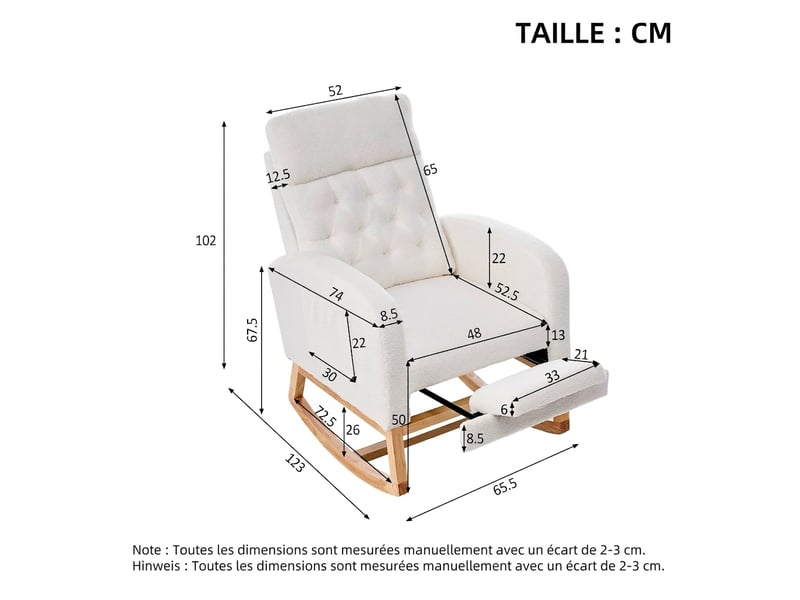  Fauteuil à bascule bouclette blanc fauteuil d'allaitement avec repose-pieds réglable 65.6x123x102cm  - Conforama C