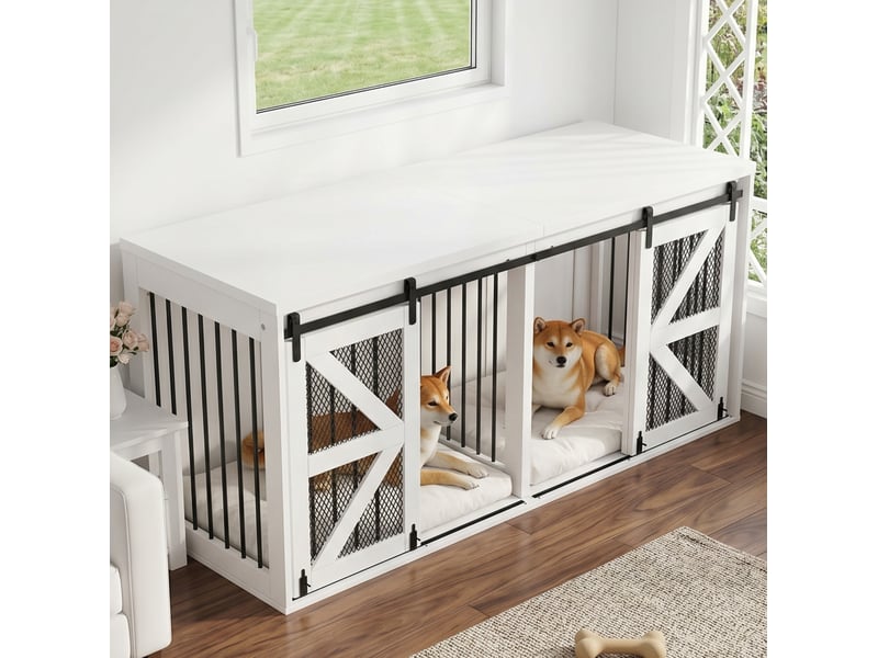  Meuble tv avec séparation pour deux chiens, portes coulissantes, blanc 160 x 60 x 75 cm evryae  - Conforama D