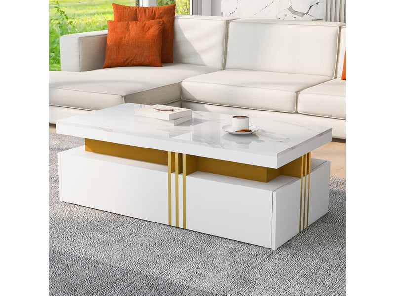  Table basse 100*50*40cm table rectangulaire moderne, 2 tiroirs, motif en marbre, panneau de particules, table de salon, blanc  - Conforama B
