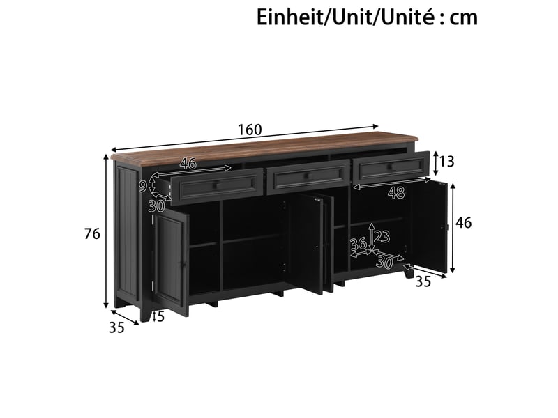  Buffet moderne noir et bois 4 portes 3 tiroirs en mdf 160 cm  - Conforama C