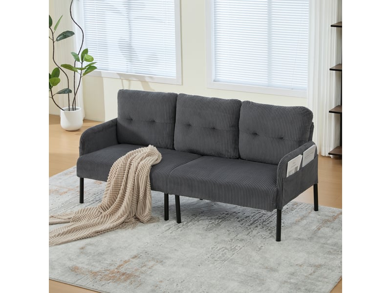  Canapé 3 places 171 x 72 x 80 cm, assise rembourrée, dossier haut, poches latérales, pieds en métal, velours côtelé, gris Bliss Lite - Conforama D