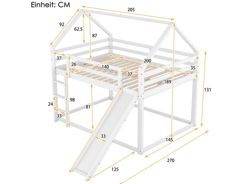  Lit superposé enfant maison 140x200 cm avec toboggan et échelle, blanc  - Conforama C