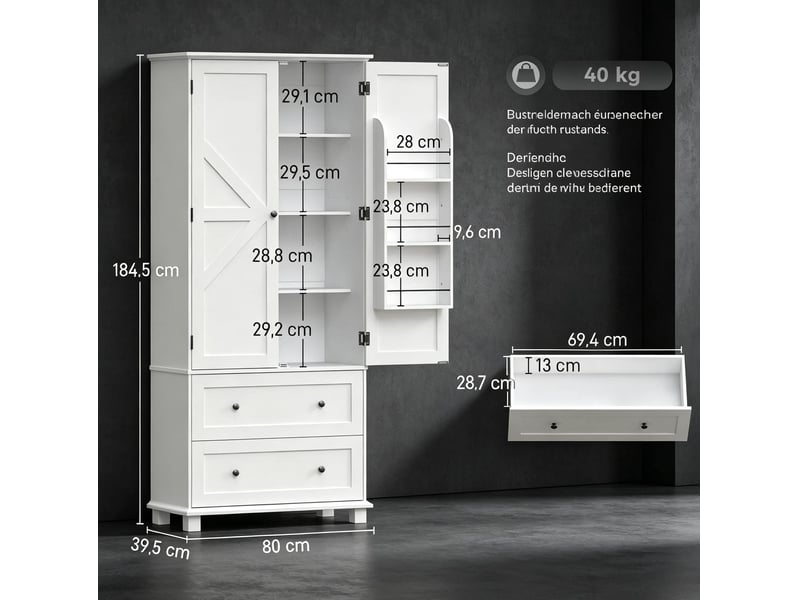  Buffet de cuisine 80x39,5x184,5 cm blanc mdf, 2 portes, 2 tiroirs, rangement avec étagères réglables  - Conforama C
