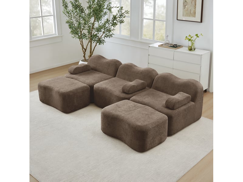  Canapé modulable en u 3 places 288x167x70 cm, assise profonde, 2 poufs, sans ossature, velours, marron  - Conforama E