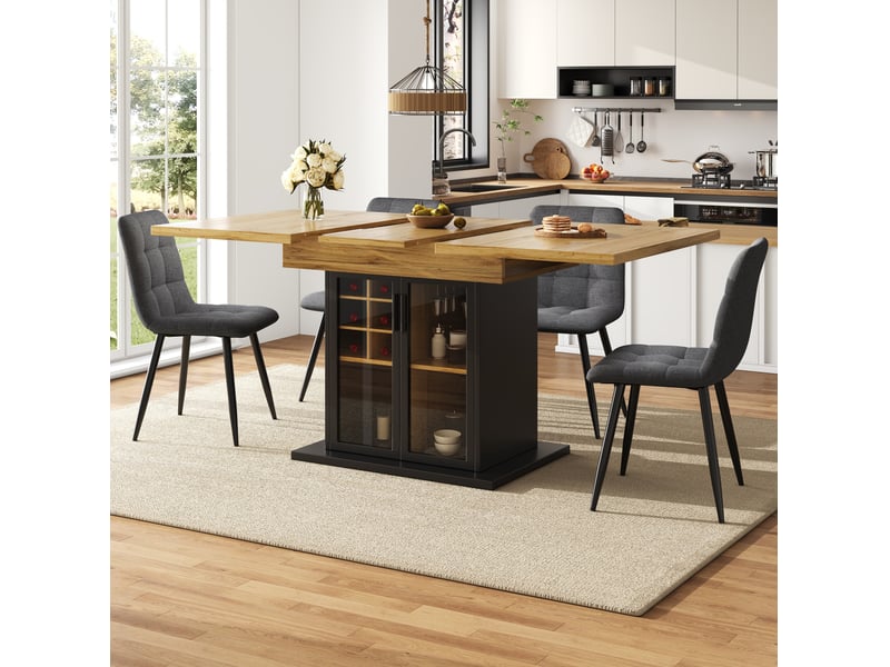  Table extensible 110-140x80x76cm, pour 4-6 personnes, plateau mdf noir, porte en verre trempé, range-bouteille amovible  - Conforama D