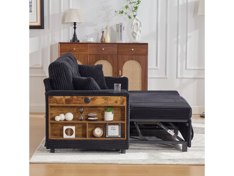 Canapé convertible velours côtelé 3 places avec rangement, lit invité, led, port usb-c et porte-gobelet, 196 cm, noir - Conforama E