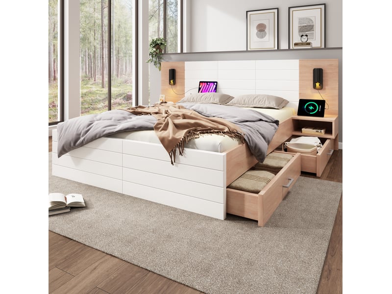 Lit double 160x200 avec 2 tiroirs, liseuse et usb cravdom - Conforama D