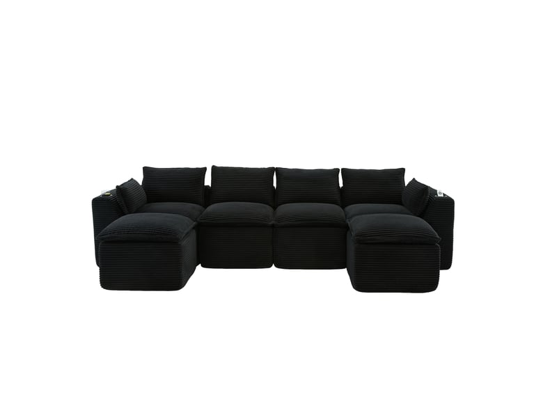  Canapé modulaire 4 places en velours côtelé noir avec 2 poufs, porte-boissons et poches latérales pour salon  - Conforama A