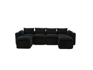 Canapé modulaire 4 places en velours côtelé noir avec 2 poufs, porte-boissons et poches latérales pour salon