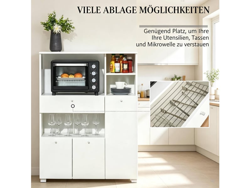 Buffet de cuisine avec 3 portes, 1 tiroir et 4 niches ouvertes, rangement micro-ondes en panneaux de particules blanc - Conforama E