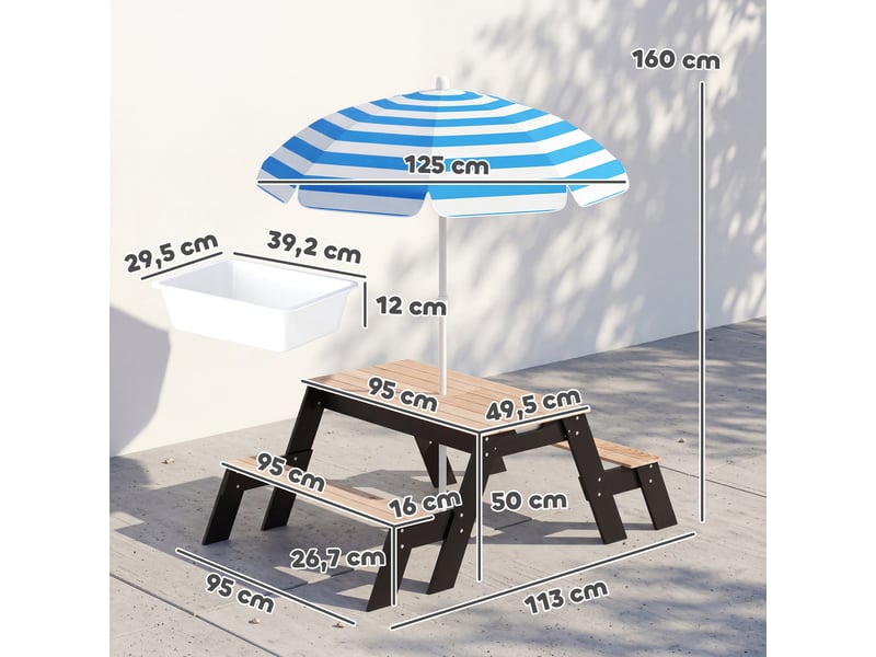 Table de pique-nique enfants avec parasol, 3 en 1 salon de jardin en bois pour enfants 3-6 ans avec 2 boîtes, naturel - Conforama D
