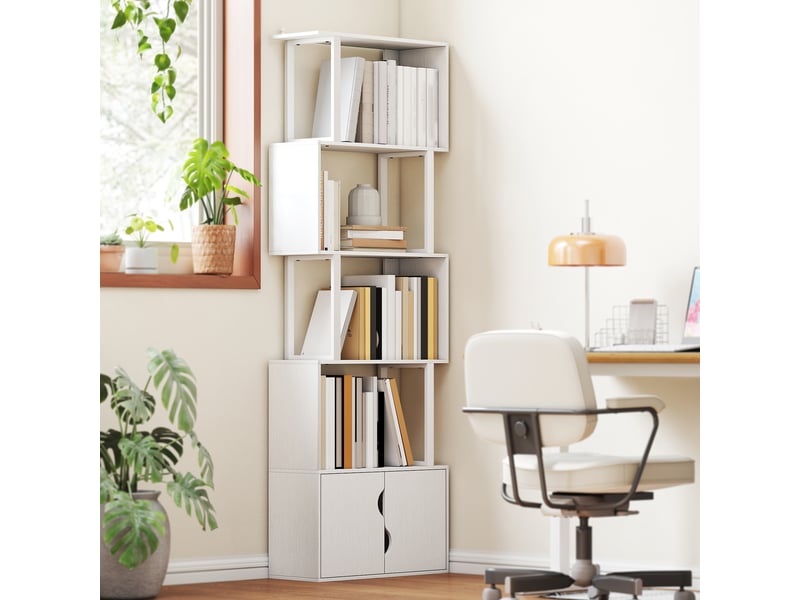 Bibliothèque moderne à 5 étagères et armoire en bois à 2 portes, 60 x 23,8 x 179,2 cm, blanche  - Conforama C