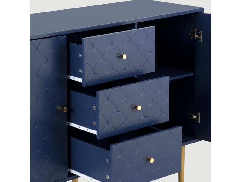  Buffet 120x40x83 cm, 2 portes, 3 tiroirs, motif écailles, étagère réglable, panneau de particules et métal, bleu marine  - Conforama D