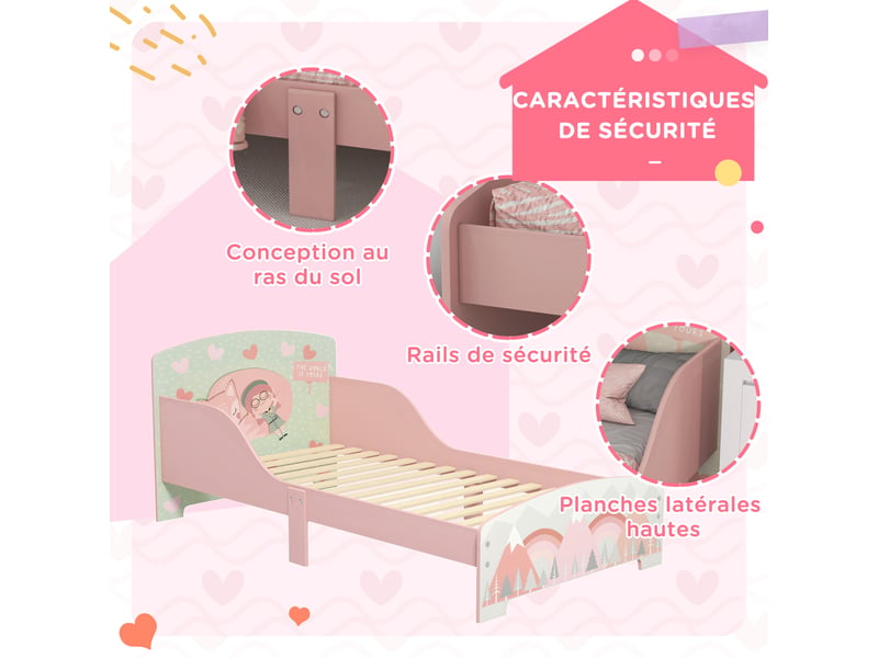  Lit pour enfant 3-6 ans avec barrières de sécurité et motifs sommier à lattes inclus - rose dim. 77 x 143 x 60 cm  - Conforama E