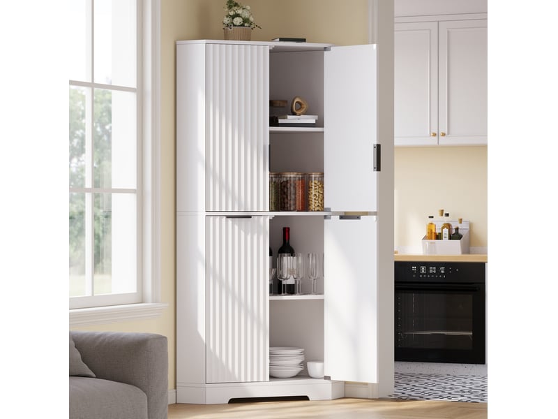  Meuble d'angle avec 4 portes et étagères réglables, design rainuré, pour cuisine, mdf blanc, 60 × 60 × 172 cm  - Conforama B