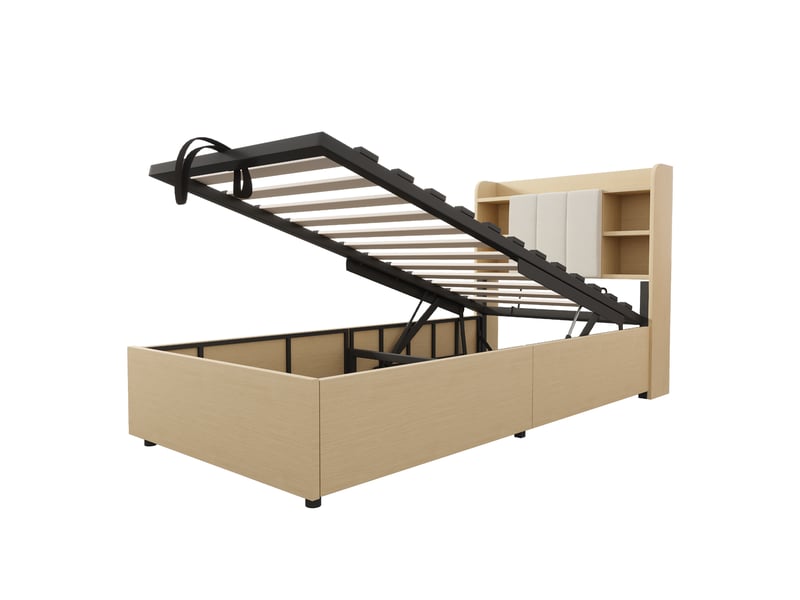  Lit simple 90 x 200 cm avec usb et tape-c, lit coffre, cadre de lit adulte en bois, tête de lit avec espace de rangement, beige  - Conforama B