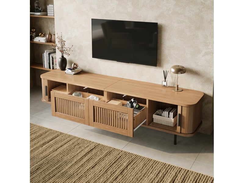 Meuble tv avec 2 tiroirs, 2 portes coulissantes et éclairage led contrôlable par application, naturel 180 × 40 × 44,5 cm - Conforama D
