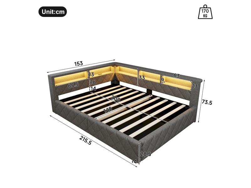 Lit coffre hydraulique 140x200 cm avec led, rangement ouvert et usb, tissu lin gris, structure mdf, sans matelas - Conforama C