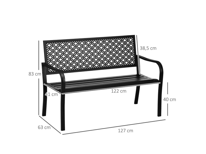 Banc de jardin 2 places 127 x 63 x 83 cm – noir – acier thermolaqué, dossier à motif floral et accoudoirs - Conforama C