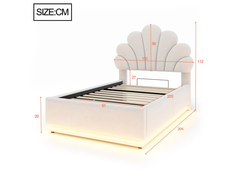  Lit coffre modenvie 90 x 200 cm avec tête de lit fleurie, éclairage led, rangement hydraulique, velours beige et cadre métallique  - Conforama C