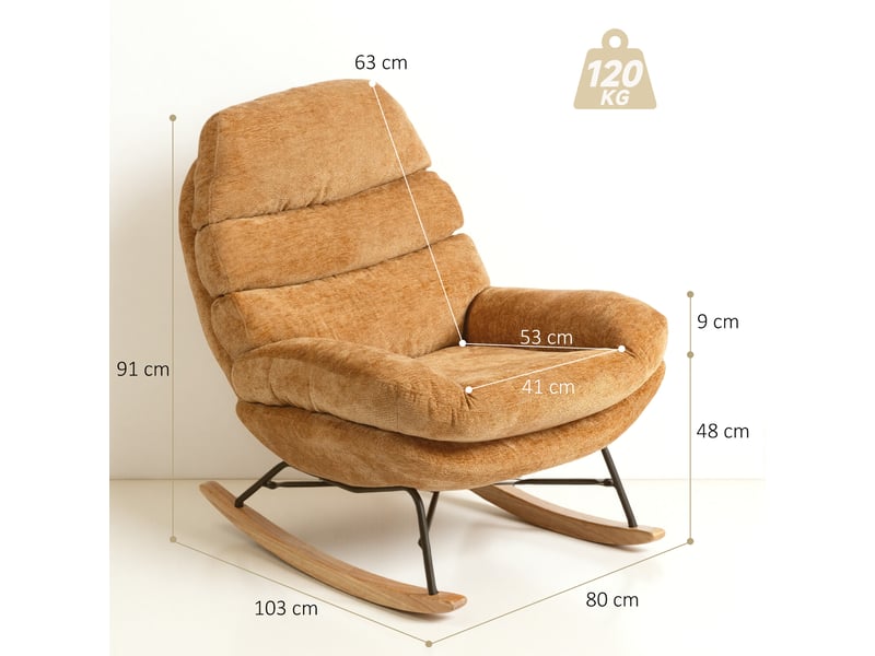  Fauteuil à bascule rembourré avec pieds en acier et patins en bois, jaune  - Conforama E