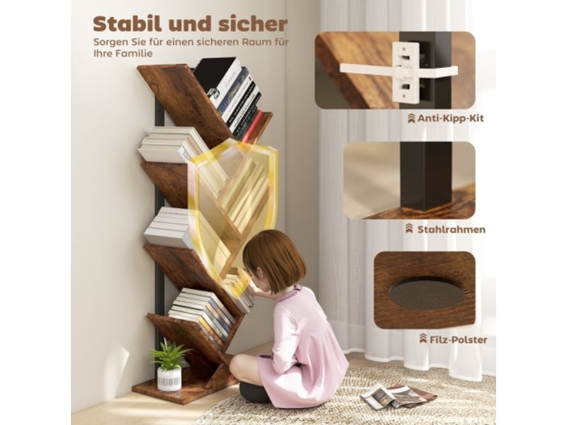  Bibliothèque étroite 7 niveaux, design arbre, style rustique, marron, pour bureau  - Conforama E