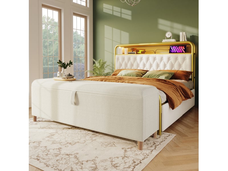  Banc coffre 175x38 cm avec rangement hydraulique, assise rembourrée, revêtement côtelé beige, pour chambre, salon  - Conforama E