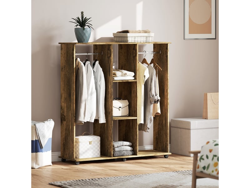  Armoire penderie meuble de rangement mobile 6 roulettes 120 x 40 x 128 cm en bois marron  - Conforama B