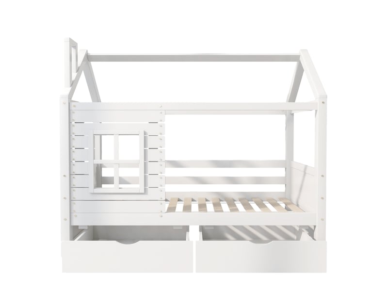  Lit cabane, lit enfant, lit junior 90 x 200 cm avec protection antichute, lit enfant en bois massif polyvalent pour garçons et filles, lit enfant en bois massif avec protection antichute, fenêtre et sommier à lattes, blanc  - Conforama D