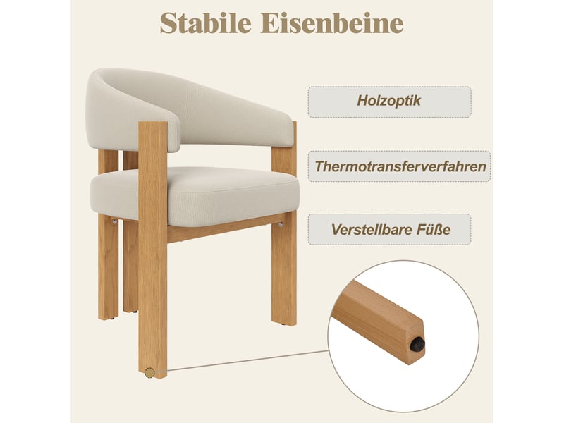  Lot de 2 chaises de salle à manger en flanelle beige, pieds en métal aspect bois  - Conforama D