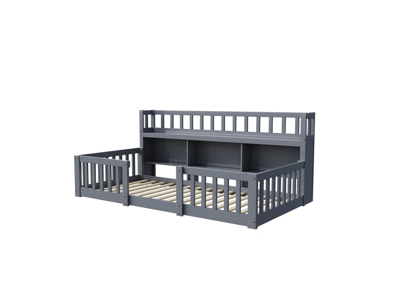  Lit enfant 90x200 cm avec bibliothèque, lit au sol avec barrière de sécurité et sommier à lattes, cadre de lit montessori au sol en bois massif, gris  - Conforama W