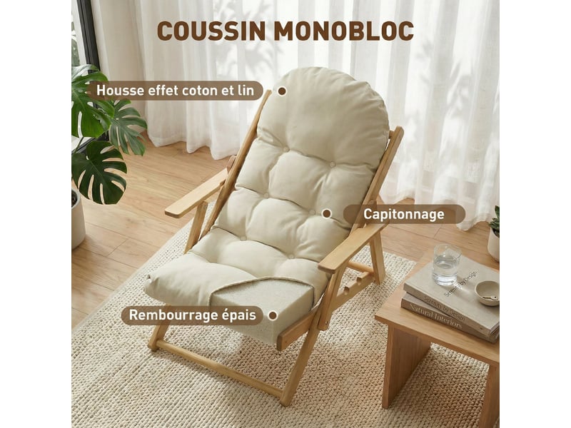  Fauteuil chaise de salon pliable et inclinable en bois relax fauteuil confortable avec coussin capitonné épais  - Conforama E