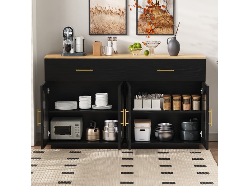  Buffet de cuisine avec plateau effet bois, 2 tiroirs, portes vitrées cintrées transparentes et 6 poignées, coloris noir Fay Lum - Conforama E