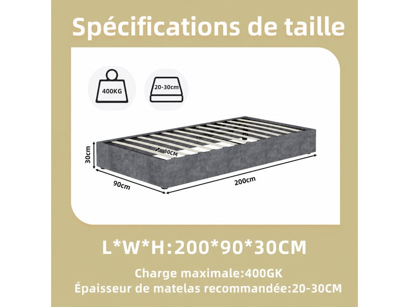  Lit coffre 90x200 cm avec vérins pneumatiques mdf métal, sommier,  couleur gris, sans matelas  - Conforama C