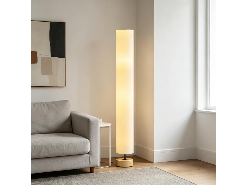  Lampadaire colonne en bois de pin et lin beige 120 cm 2 lumières e27 interrupteur pied salon  - Conforama C