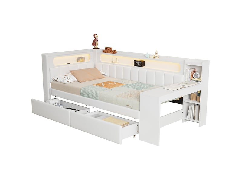  Canapé-lit rembourré 90 x 200 cm avec port usb et led - bureau - deux tiroirs - tissu lin - blanc  - Conforama A