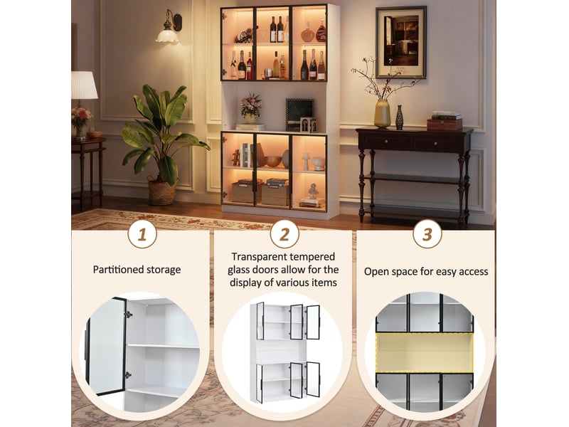  Vitrine haute led 120 x 34 x 200 cm – blanc – 6 portes en verre et éclairage piloté par application  - Conforama E