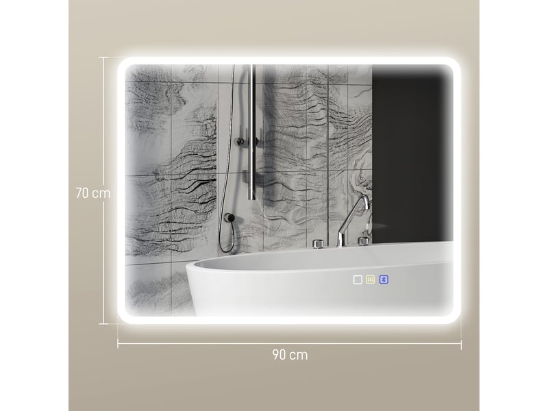  Miroir salle de bain led bluetooth 70 x 90 cm interrupteur tactile lumière réglable 3 couleurs anti-buée mémoire argent  - Conforama E