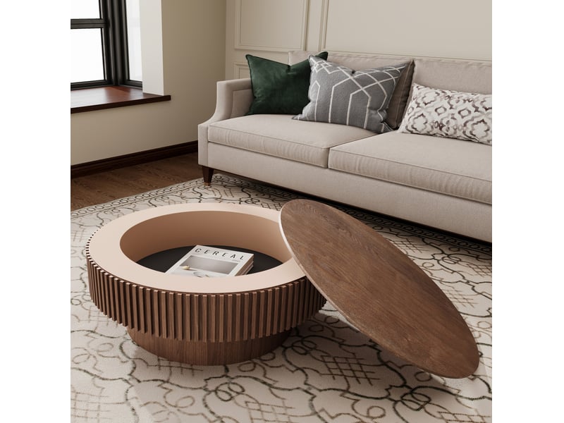  Table basse ronde avec espace de rangement dissimulé et style moderne pour salon, 75 cm, en mdf et bois, noyer  - Conforama C
