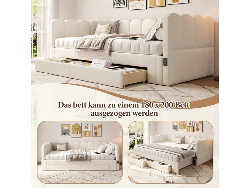  Lit rembourré 90x200 cm, lit de jour avec 2 tiroirs de rangement, canapé-lit extensible à 180 cm, lin beige, avec prise usb  - Conforama W