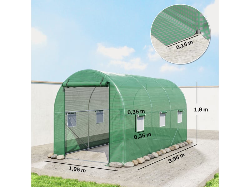  Serre de jardin tunnel 8 m² 4l x 2l x 1,9h m acier galvanisé renforcé diamètre 2,4 cm + pe fenêtres porte vert  - Conforama E